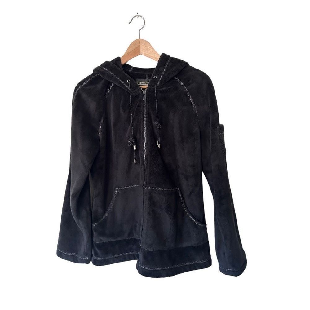 Kristen Blake Black Hooded Full Zip Fuzzy Heavy weight Fleece Jacket Size Large